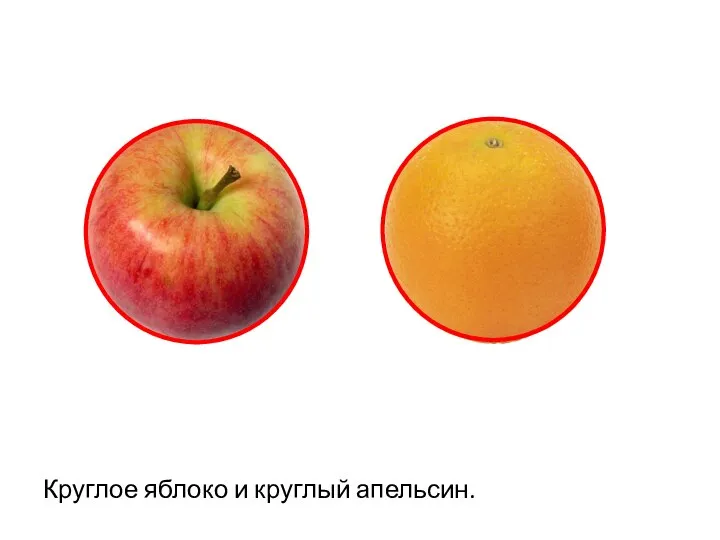 Круглое яблоко и круглый апельсин.