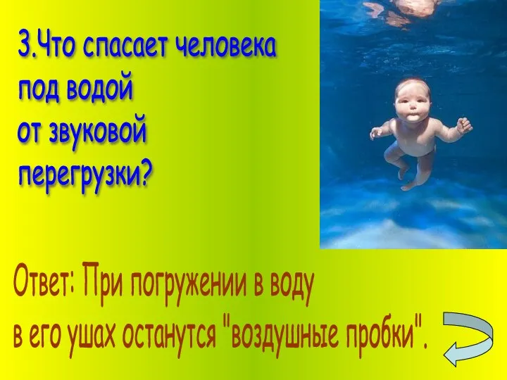 3.Что спасает человека под водой от звуковой перегрузки? Ответ: При погружении в