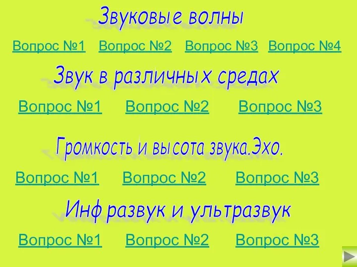 Звуковые волны Звук в различных средах Громкость и высота звука.Эхо. Инфразвук и