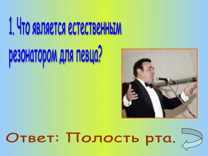 1. Что является естественным резонатором для певца? Ответ: Полость рта.