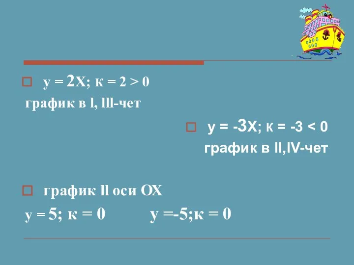 у = 2Х; К = 2 > 0 график в l, lll-чет