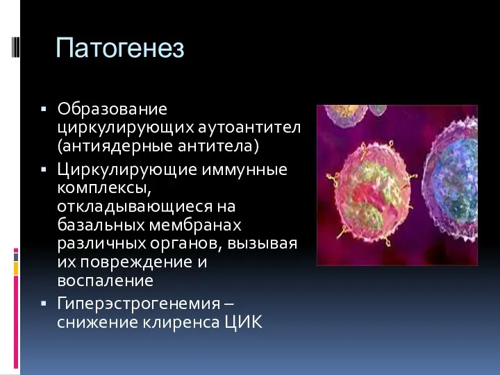 Патогенез Образование циркулирующих аутоантител (антиядерные антитела) Циркулирующие иммунные комплексы, откладывающиеся на базальных