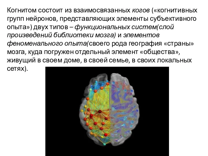 Когнитом состоит из взаимосвязанных когов («когнитивных групп нейронов, представляющих элементы субъективного опыта»)