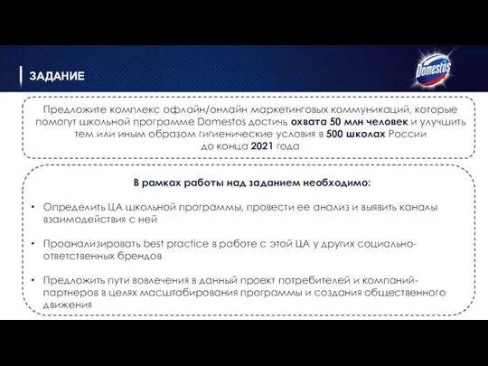 ЗАДАНИЕ Предложите комплекс офлайн/онлайн маркетинговых коммуникаций, которые помогут школьной программе Domestos достичь