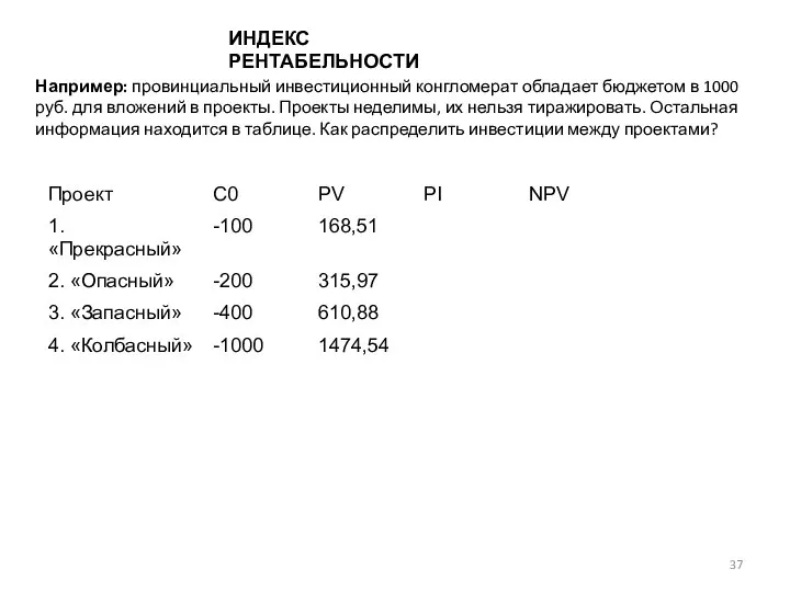 ИНДЕКС РЕНТАБЕЛЬНОСТИ Например: провинциальный инвестиционный конгломерат обладает бюджетом в 1000 руб. для