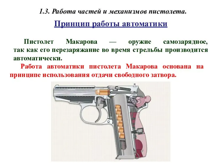 Принцип работы автоматики Пистолет Макарова — оружие самозарядное, так как его перезаряжание