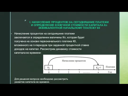 I. НАЧИСЛЕНИЕ ПРОЦЕНТОВ НА СЕГОДНЯШНИЕ ПЛАТЕЖИ И ОПРЕДЕЛЕНИЕ КОНЕЧНОЙ СТОИМОСТИ КАПИТАЛА Кn