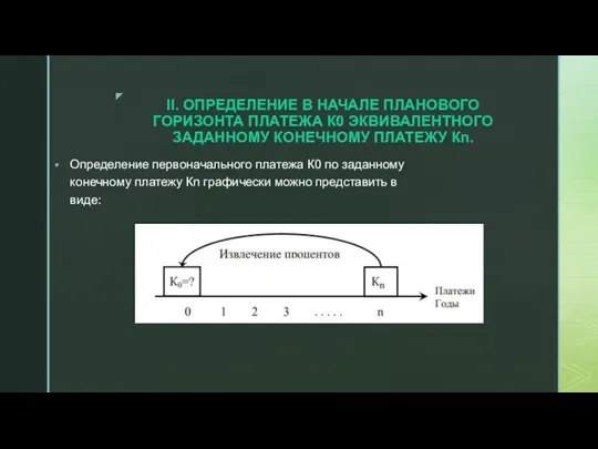 II. ОПРЕДЕЛЕНИЕ В НАЧАЛЕ ПЛАНОВОГО ГОРИЗОНТА ПЛАТЕЖА К0 ЭКВИВАЛЕНТНОГО ЗАДАННОМУ КОНЕЧНОМУ ПЛАТЕЖУ