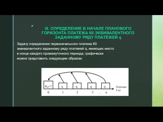 III. ОПРЕДЕЛЕНИЕ В НАЧАЛЕ ПЛАНОВОГО ГОРИЗОНТА ПЛАТЕЖА К0 ЭКВИВАЛЕНТНОГО ЗАДАННОМУ РЯДУ ПЛАТЕЖЕЙ