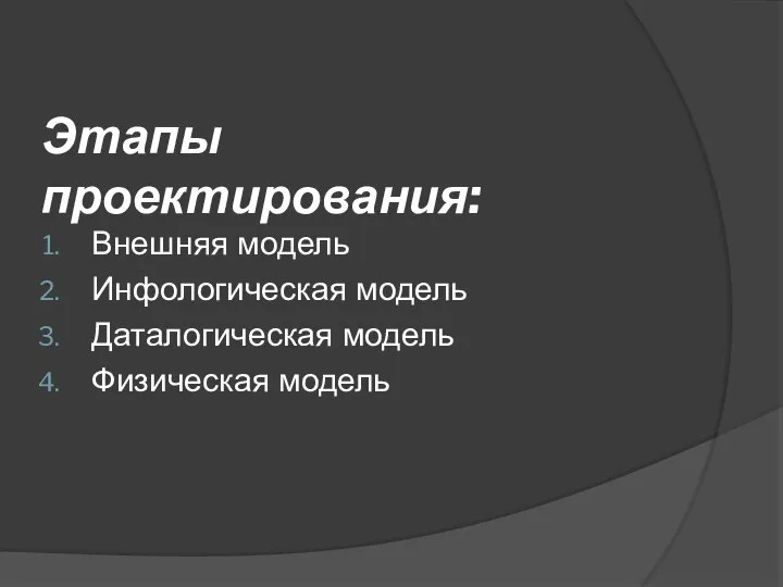 Этапы проектирования: Внешняя модель Инфологическая модель Даталогическая модель Физическая модель