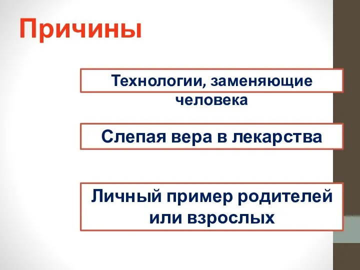 Технологии, заменяющие человека Слепая вера в лекарства Личный пример родителей или взрослых Причины