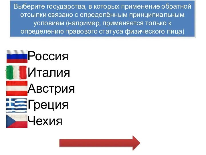 Выберите государства, в которых применение обратной отсылки связано с определённым принципиальным условием