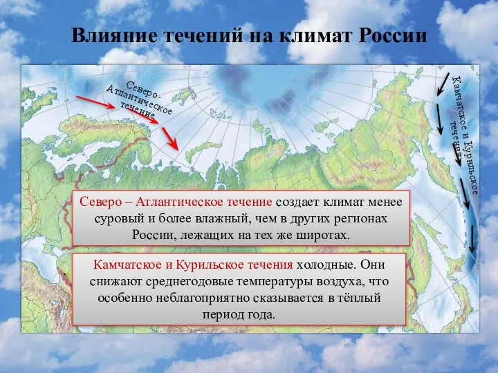 Влияние течений на климат России Северо – Атлантическое течение создает климат менее