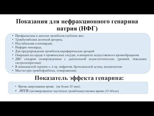 Показания для нефракционного гепарина натрия (НФГ) Профилактика и лечение тромбозов глубоких вен,