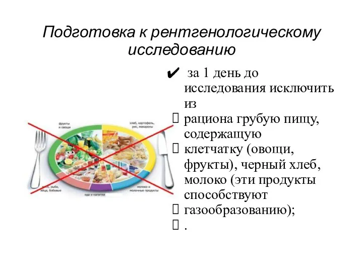 Подготовка к рентгенологическому исследованию за 1 день до исследования исключить из рациона