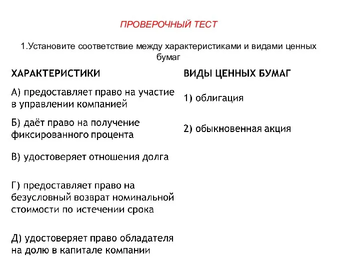 ПРОВЕРОЧНЫЙ ТЕСТ 1.Установите соответствие между характеристиками и видами ценных бумаг