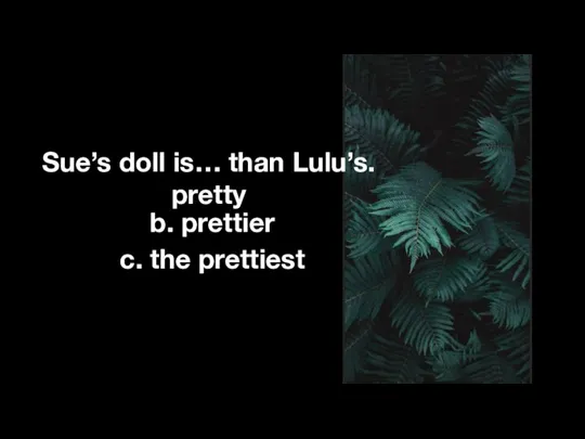 Sue’s doll is… than Lulu’s. pretty c. the prettiest b. prettier