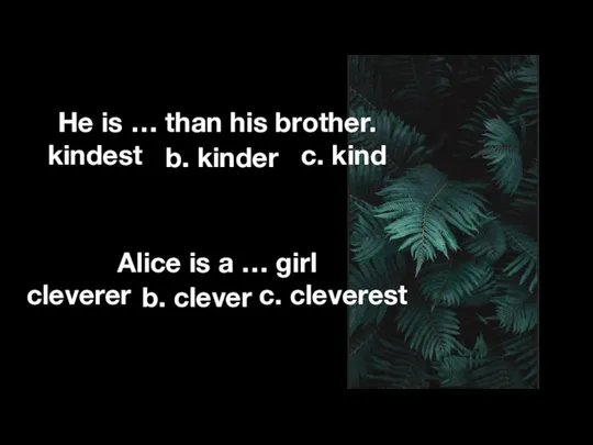 He is … than his brother. kindest c. kind Alice is a