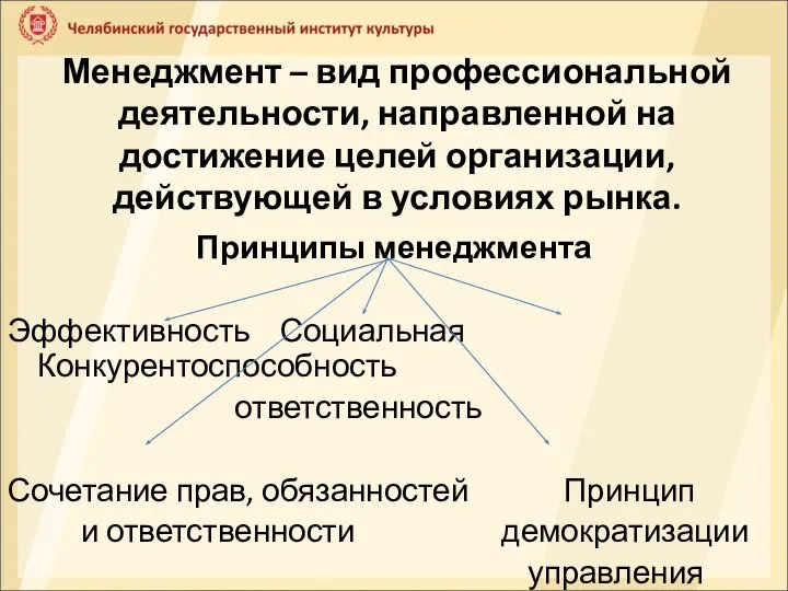 Менеджмент – вид профессиональной деятельности, направленной на достижение целей организации, действующей в