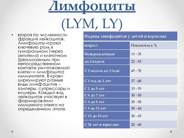 Лимфоциты (LYM, LY) вторая по численности фракция лейкоцитов. Лимфоциты играют ключевую роль