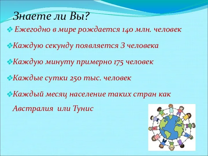 Знаете ли Вы? Ежегодно в мире рождается 140 млн. человек Каждую секунду