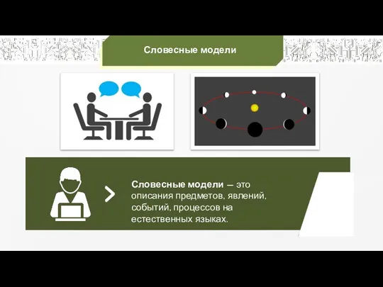 Словесные модели Словесные модели — это описания предметов, явлений, событий, процессов на естественных языках.