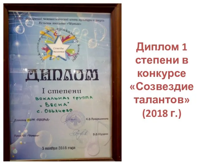 Диплом 1 степени в конкурсе «Созвездие талантов» (2018 г.)