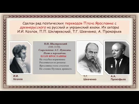 Сделан ряд поэтических переводов Плача Ярославны с древнерусского на русский и украинский