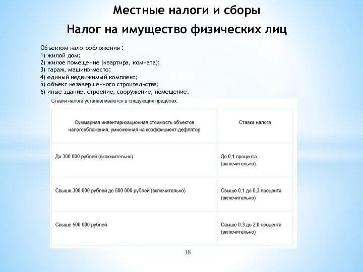 Налог на имущество физических лиц Местные налоги и сборы Объектом налогообложения :