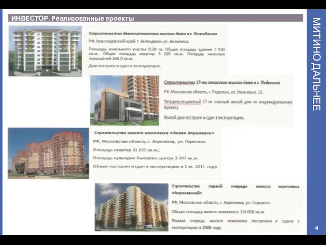 МИТИНО ДАЛЬНЕЕ ИНВЕСТОР. Реализованные проекты