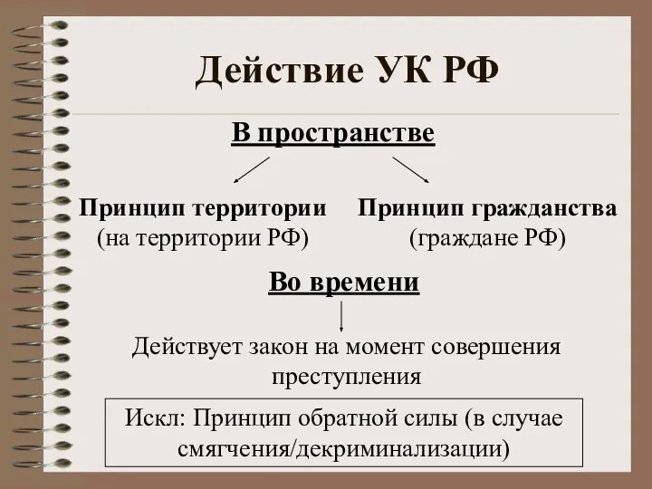 Действие УК РФ Принцип территории (на территории РФ) В пространстве Принцип гражданства