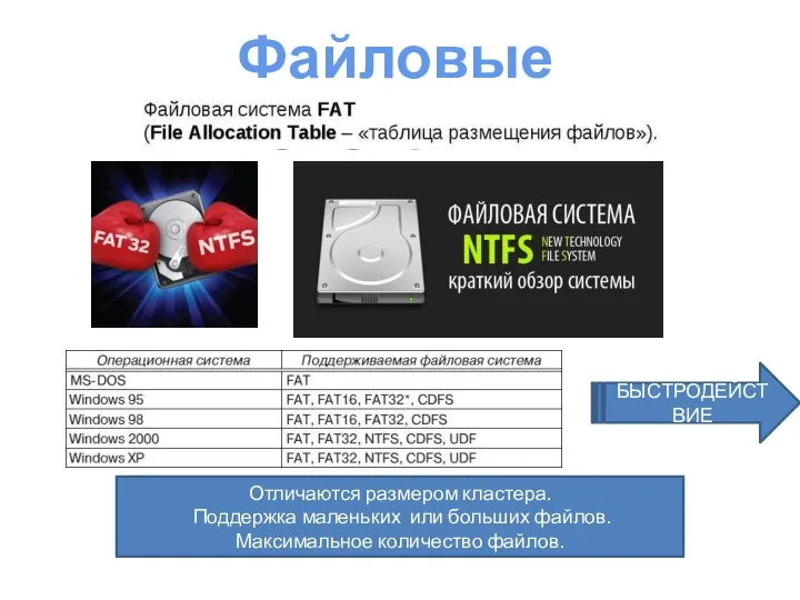 Отличаются размером кластера. Поддержка маленьких или больших файлов. Максимальное количество файлов. Файловые системы БЫСТРОДЕЙСТВИЕ