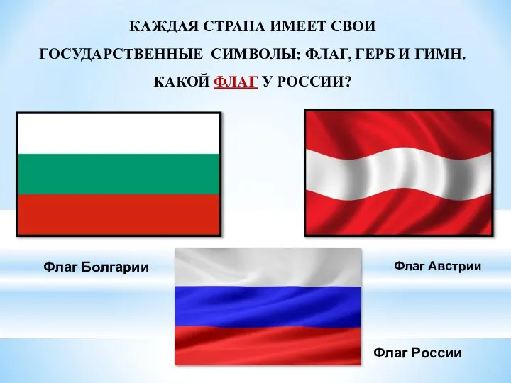 КАЖДАЯ СТРАНА ИМЕЕТ СВОИ ГОСУДАРСТВЕННЫЕ СИМВОЛЫ: ФЛАГ, ГЕРБ И ГИМН. КАКОЙ ФЛАГ