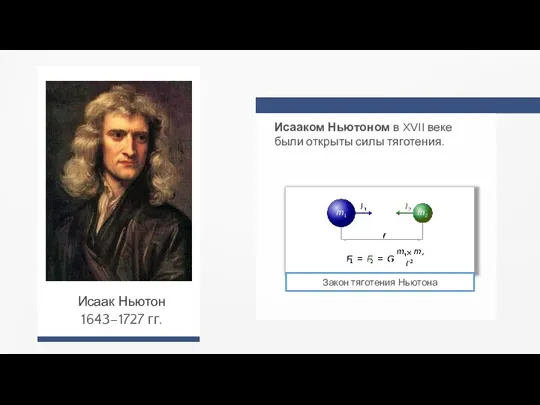 Исааком Ньютоном в XVII веке были открыты силы тяготения. Исаак Ньютон 1643–1727 гг. Закон тяготения Ньютона