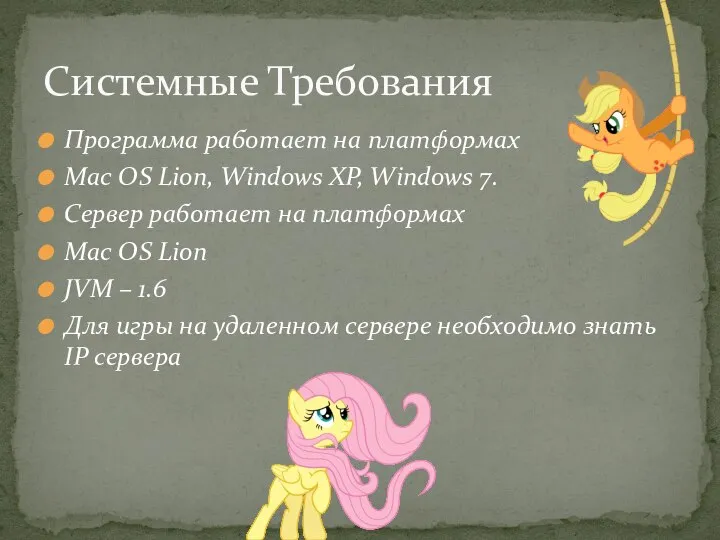 Программа работает на платформах Mac OS Lion, Windows XP, Windows 7. Сервер