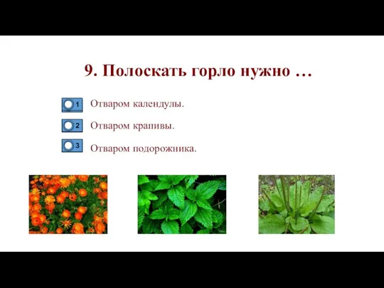 9. Полоскать горло нужно … Отваром календулы. Отваром крапивы. Отваром подорожника.