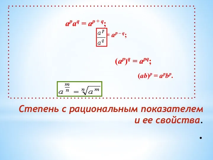 Степень с рациональным показателем и ее свойства. . apaq = ap +