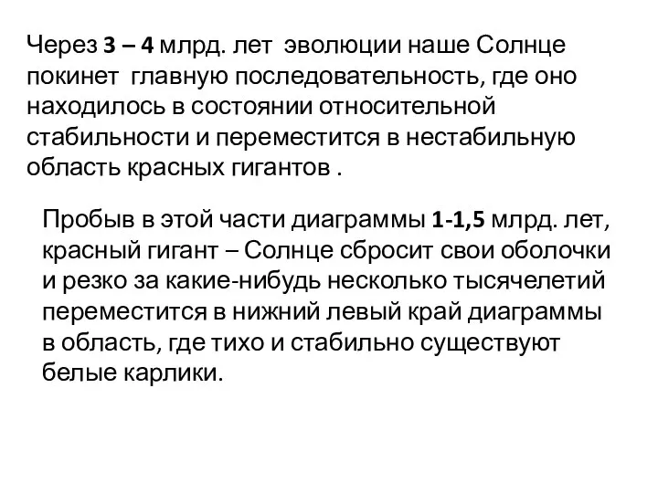 Через 3 – 4 млрд. лет эволюции наше Солнце покинет главную последовательность,