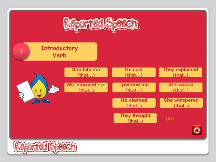 Introductory Verb 1 etc She told me (that…) We informed her (that..)