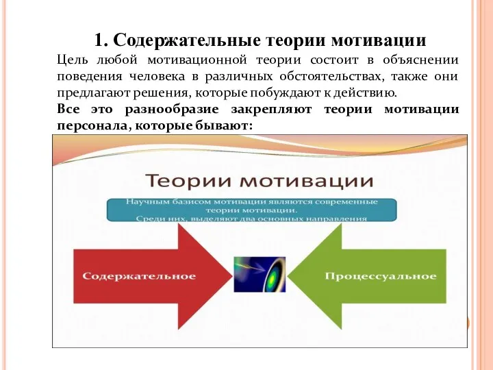 1. Содержательные теории мотивации Цель любой мотивационной теории состоит в объяснении поведения