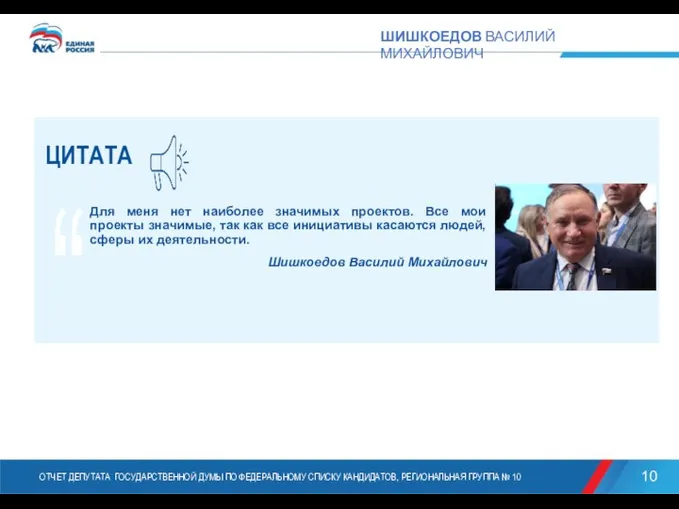 ОТЧЕТ ДЕПУТАТА ГОСУДАРСТВЕННОЙ ДУМЫ ПО ФЕДЕРАЛЬНОМУ СПИСКУ КАНДИДАТОВ, РЕГИОНАЛЬНАЯ ГРУППА № 10 ШИШКОЕДОВ ВАСИЛИЙ МИХАЙЛОВИЧ