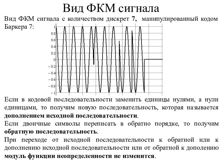 Вид ФКМ сигнала с количеством дискрет 7, манипулированный кодом Баркера 7: Если