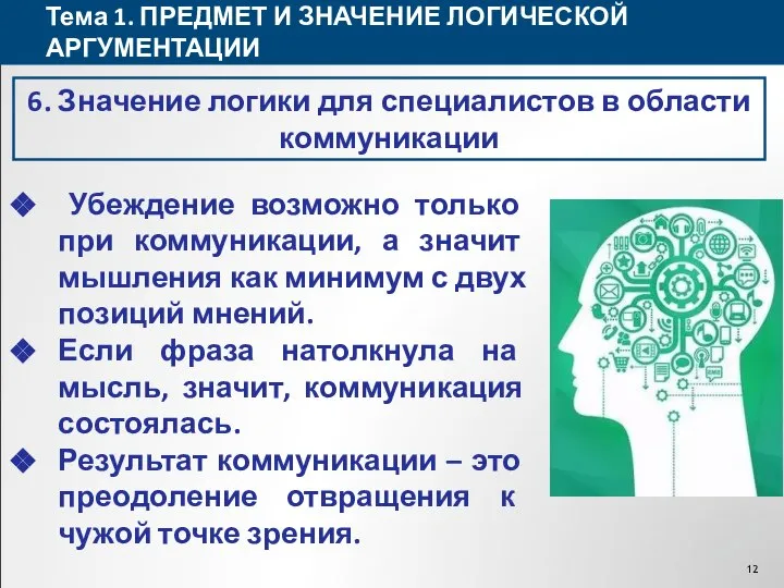 Тема 1. ПРЕДМЕТ И ЗНАЧЕНИЕ ЛОГИЧЕСКОЙ АРГУМЕНТАЦИИ 6. Значение логики для специалистов