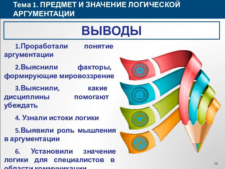 Тема 1. ПРЕДМЕТ И ЗНАЧЕНИЕ ЛОГИЧЕСКОЙ АРГУМЕНТАЦИИ ВЫВОДЫ 1.Проработали понятие аргументации 2.Выяснили