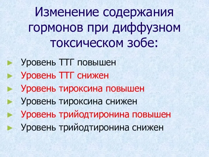 Изменение содержания гормонов при диффузном токсическом зобе: Уровень ТТГ повышен Уровень ТТГ