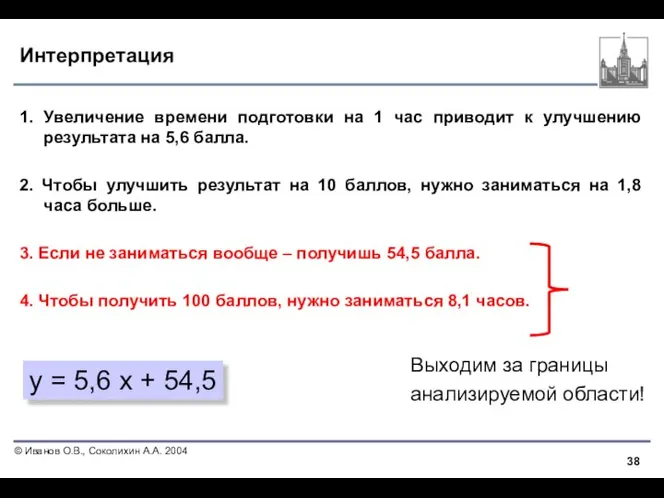 Интерпретация 1. Увеличение времени подготовки на 1 час приводит к улучшению результата