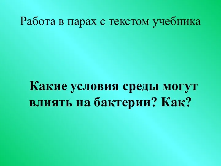 Работа в парах с текстом учебника Какие условия среды могут влиять на бактерии? Как?