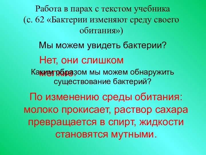 Работа в парах с текстом учебника (с. 62 «Бактерии изменяют среду своего