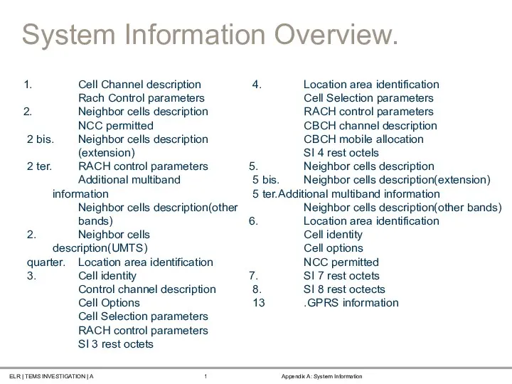 System Information Overview. Cell Channel description Rach Control parameters Neighbor cells description