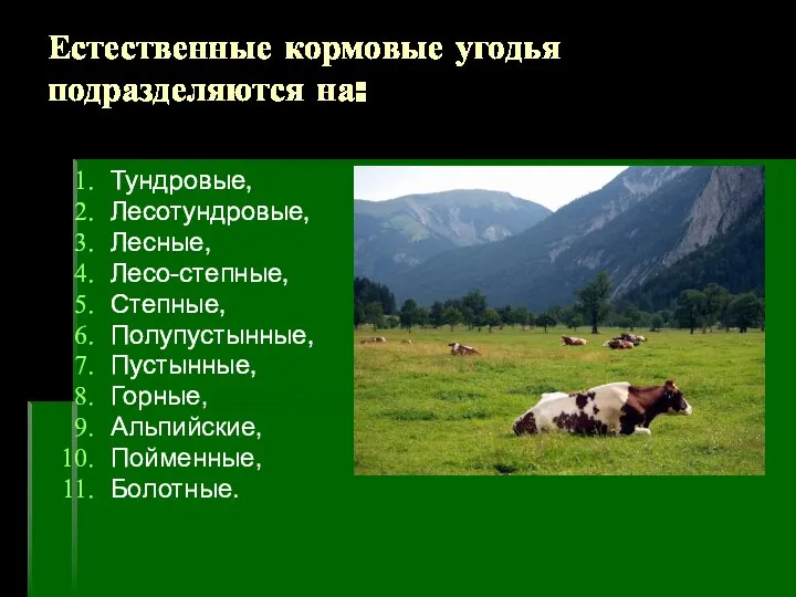 Естественные кормовые угодья подразделяются на: Тундровые, Лесотундровые, Лесные, Лесо-степные, Степные, Полупустынные, Пустынные, Горные, Альпийские, Пойменные, Болотные.